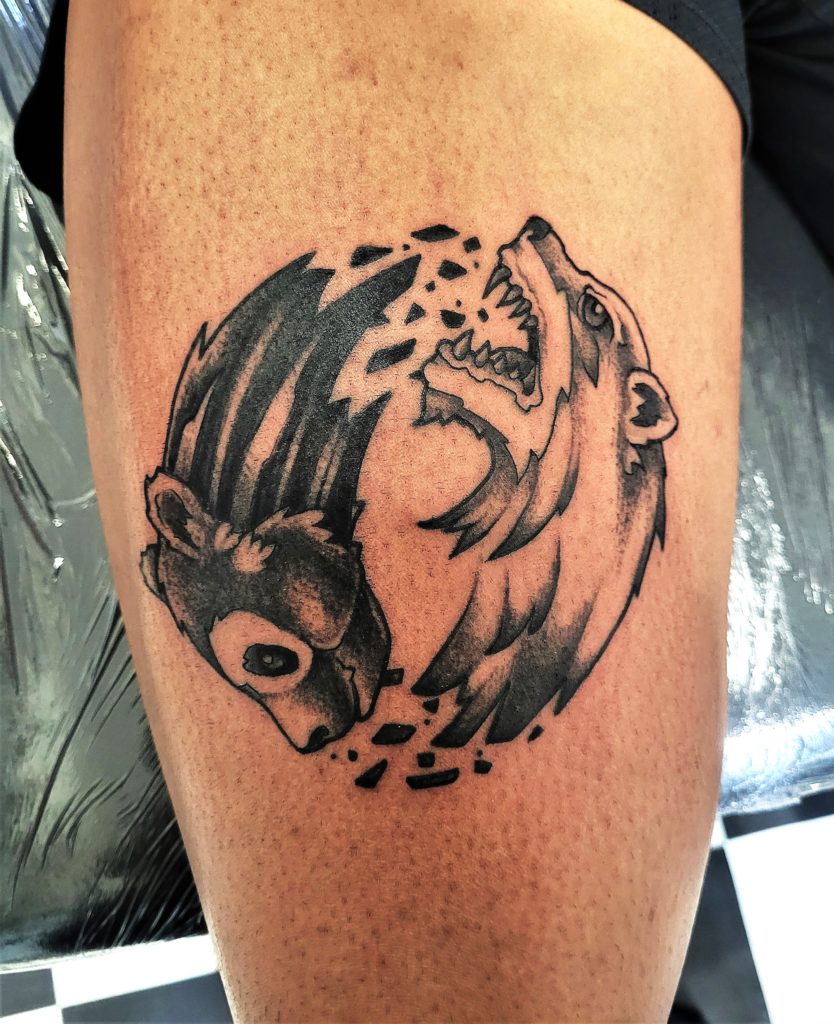 wolf panda leg tattoo inkfish tattoo Rotterdam