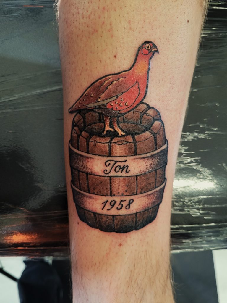 barrel custom tattoo with grouse.