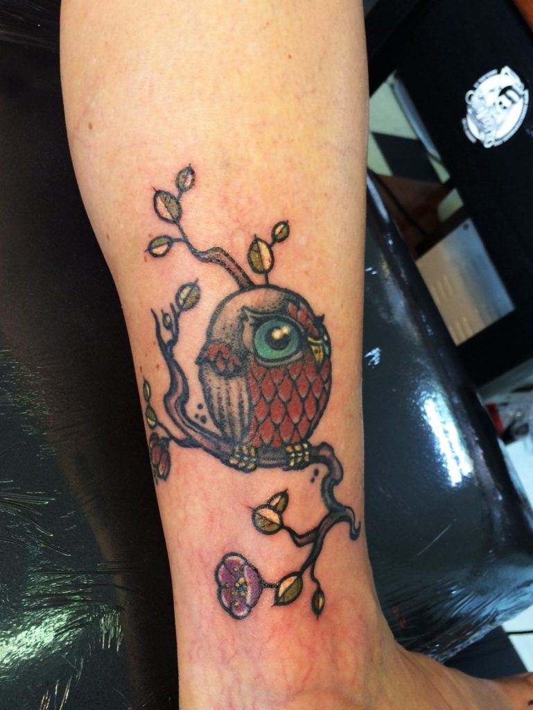 owl cherry blossom leg tattoo