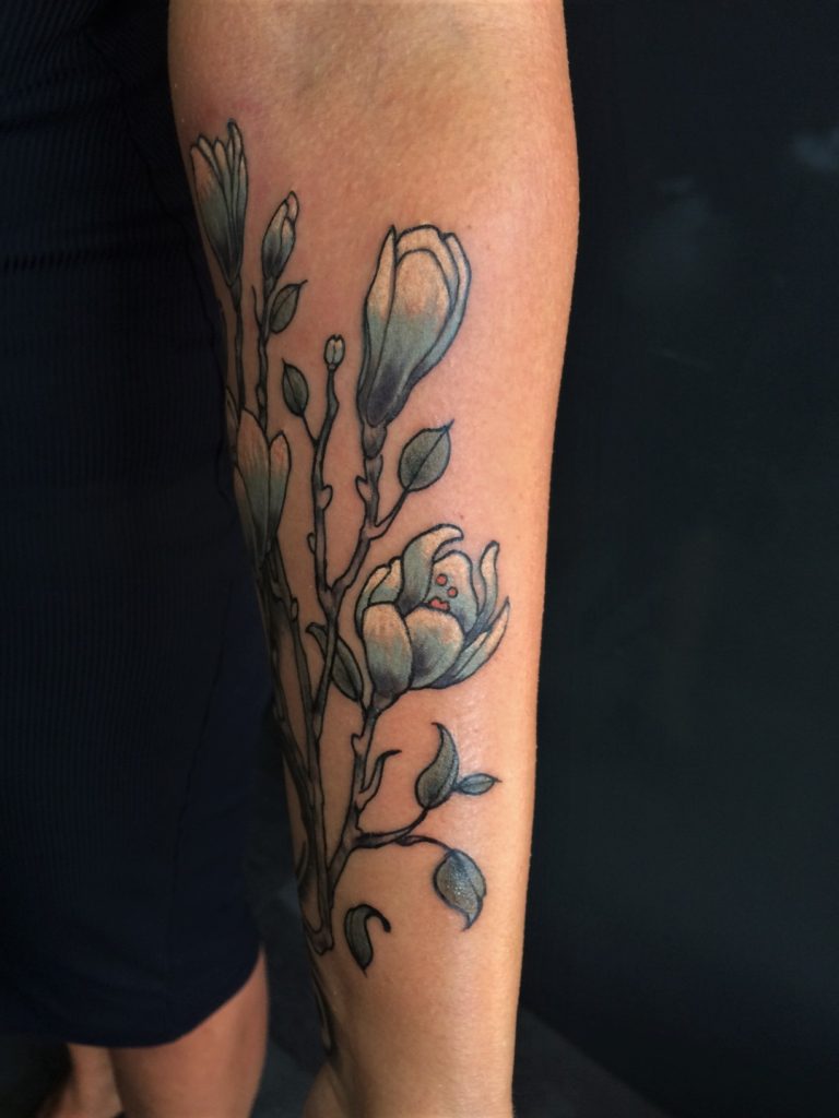 jugendstil/art nouveau tattoo flowers arm, custom piece by Inkfish tattoo Rotterdam