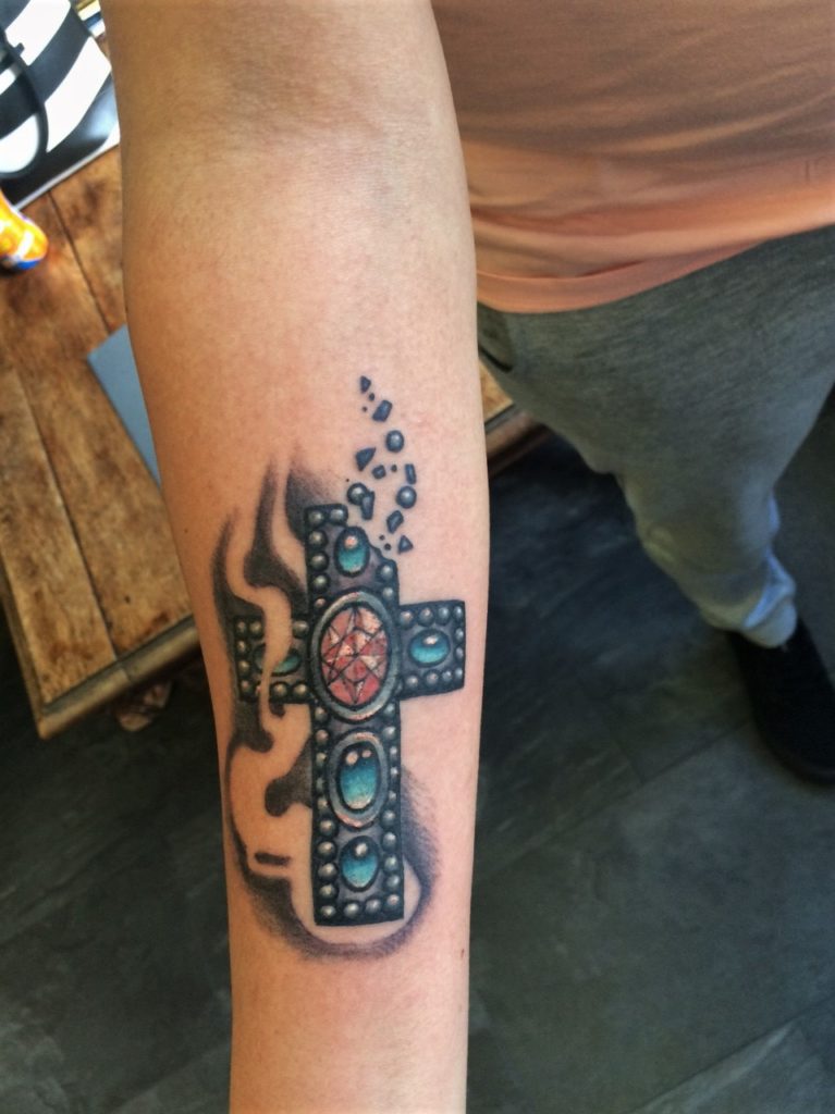 cross gems tattoo arm