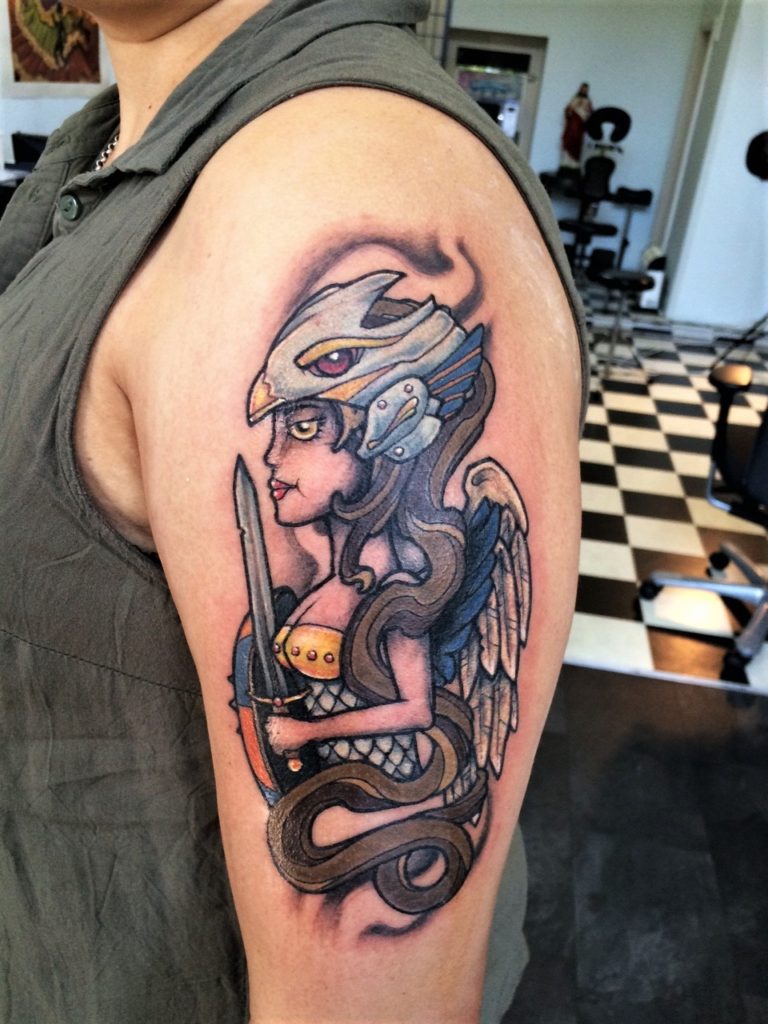 armtattoo valkyrie, neo-tradirional cartoonstyle custom ink from our studio.
